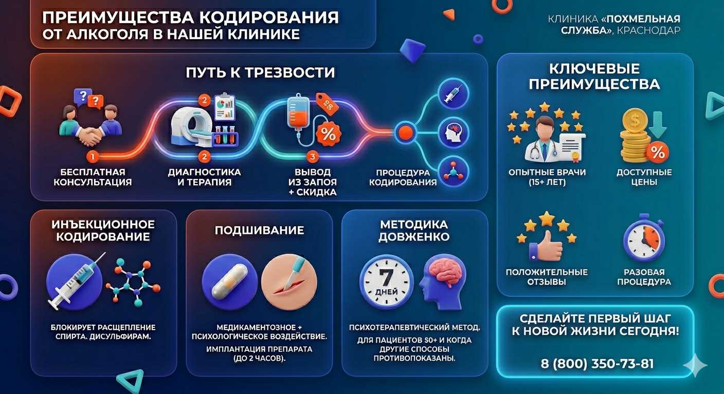 Инфографика о методах кодирования от алкоголя в Арсеньеве: инъекции, подшивание, метод Довженко. Преимущества клиники и этапы лечения.